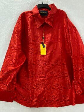MANZINI Paisley Men's Red Satin Dress Shirt 7XL Button Up Long Sleeve Collared.